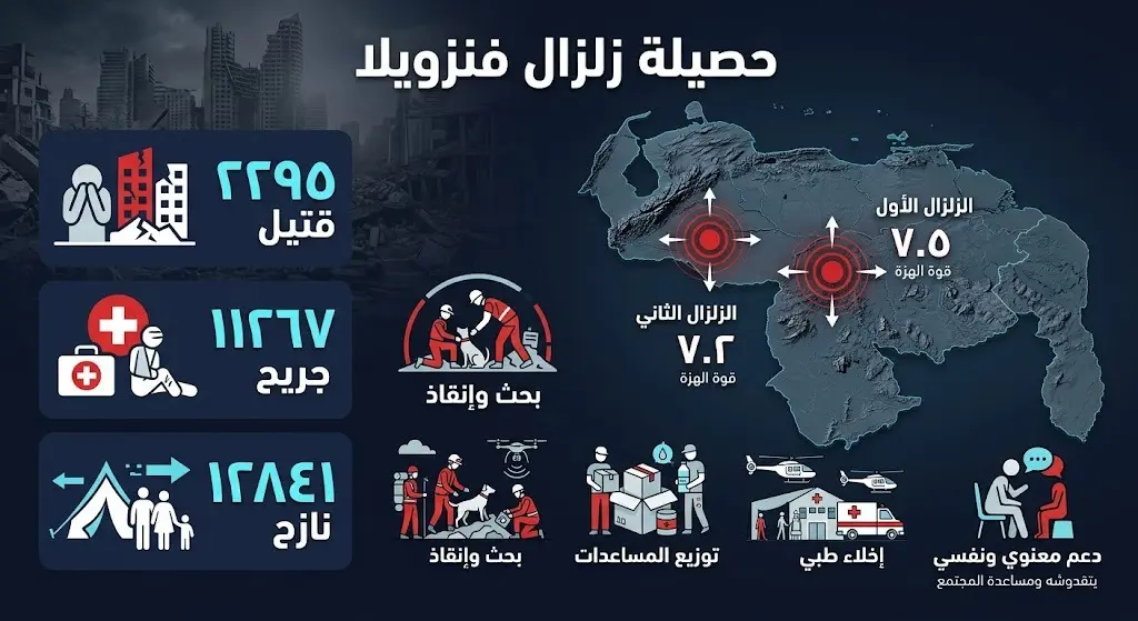 إنفوجرافيك تفصيلي يوضح حصيلة ضحايا الزلزالين في فنزويلا وأعداد المصابين والنازحين