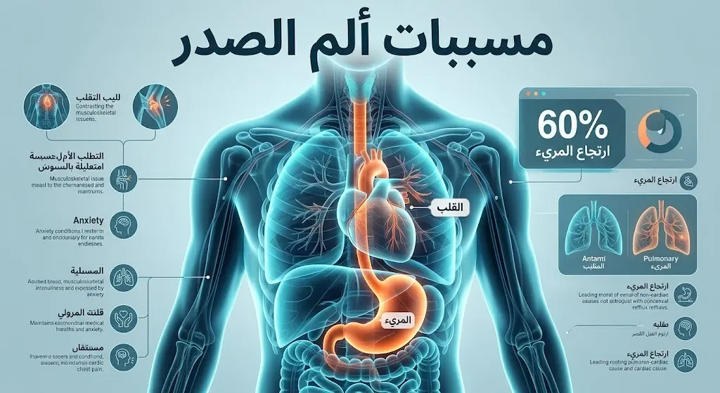 تصميم إنفوجرافيك طبي يوضح أن 60% من أسباب ألم الصدر غير القلبي تعود إلى ارتجاع المريء، مع رسم تشريحي مبسط للصدر.
