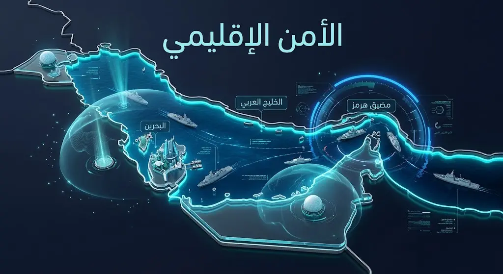 إنفوجرافيك تفاعلي لخريطة الخليج العربي ومضيق هرمز، يبرز رموزاً لحماية الملاحة البحرية والرادارات الأمنية بخلفية ذات طابع جيوسياسي.