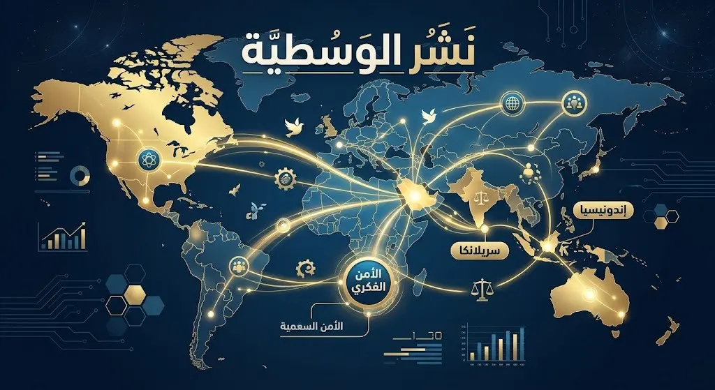 تصميم بصري مفاهيمي يوضح امتداد برامج نشر الوسطية والاعتدال من المملكة إلى دول العالم مثل سريلانكا وإندونيسيا.