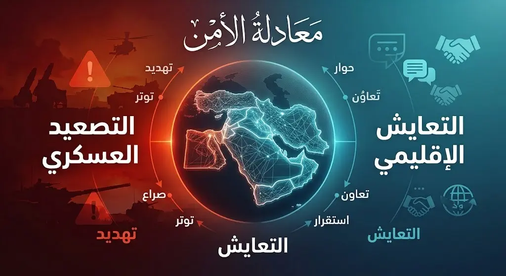 تصميم غرافيكي احترافي يجسد التباين بين مساعي التعايش الدبلوماسي في الشرق الأوسط وتهديدات التصعيد العسكري، يتوسطه خريطة للمنطقة مع نصوص عربية توضيحية.