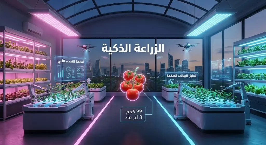 تصميم إبداعي لبيت زجاجي عالي التقنية يدمج بين الزراعة العمودية والمائية، مع إحصائيات تبرز إنتاجية الطماطم الفائقة واستهلاكها المنخفض للمياه.