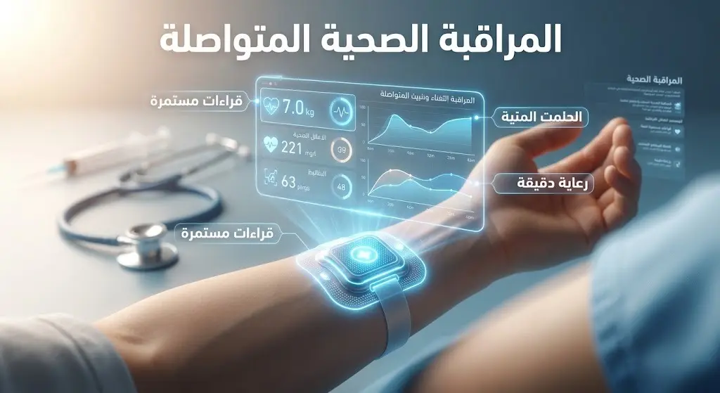 تصميم مستقبلي يظهر واجهة بيانات ثلاثية الأبعاد تنبثق من لصقة طبية على ذراع مريض، تعبيراً عن المراقبة الصحية المستمرة.