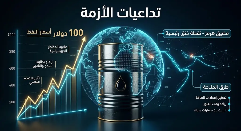 إنفوجرافيك إبداعي يدمج برميل نفط مع طرق الملاحة البحرية ومؤشر مالي صاعد