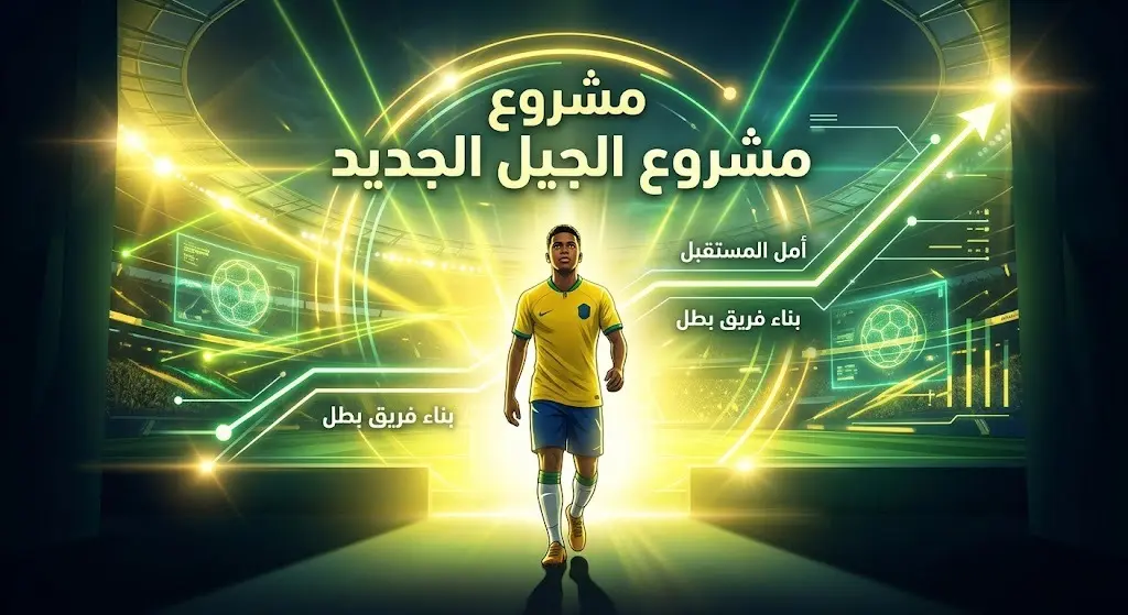 تصميم إبداعي يظهر لاعباً برازيلياً شاباً يخطو نحو بقعة ضوء ساطعة، في إشارة إلى مشروع بناء جيل جديد قادر على استعادة أمجاد المنتخب.