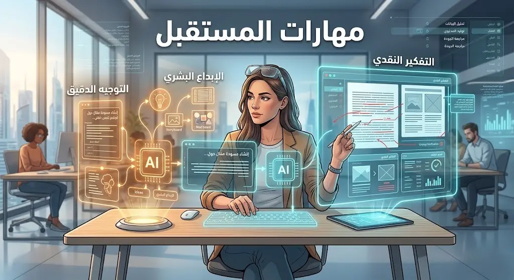 تصميم مفاهيمي يجمع بين محرر بشري وواجهة تقنية متطورة، يبرز أهمية مهارات التوجيه الدقيق والتفكير النقدي في بيئة العمل المستقبلية.