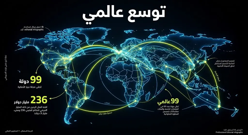 إنفوجرافيك عصري يوضح التوسع العالمي المتوقع لمنصة هنقرستيشن وتكاملها مع شبكة أوبر في 99 دولة حول العالم.