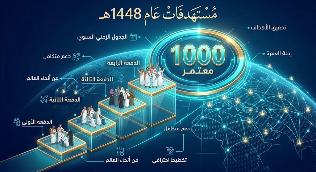تصميم بياني يستعرض مستهدفات برنامج خادم الحرمين الشريفين لعام 1448هـ باستضافة 1000 معتمر موزعين على 4 دفعات.