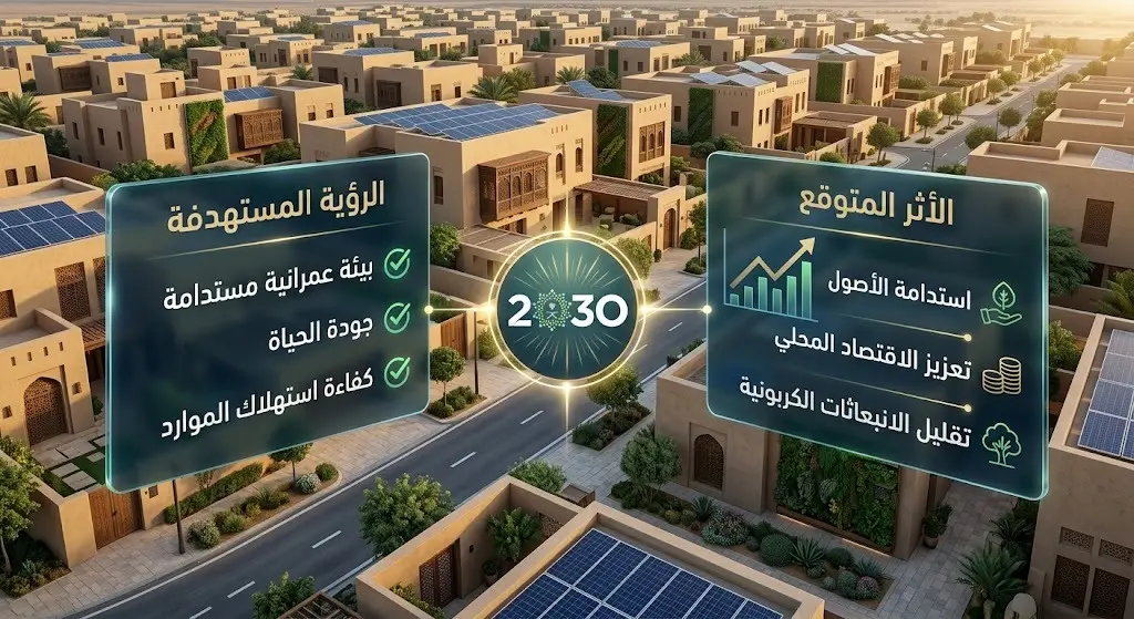 تصميم بصري يدمج بين حي سكني نموذجي ومستدام وعناصر إنفوجرافيك رقمية تبرز أهداف رؤية 2030 في الارتقاء بجودة الحياة.