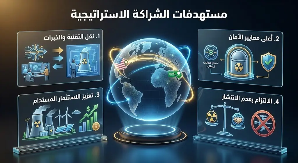 مخطط بياني توضيحي لمستهدفات الشراكة الاستراتيجية السعودية الأمريكية في مجال الطاقة النووية السلمية والتنمية