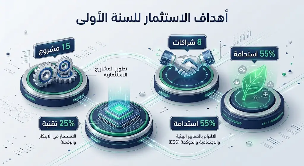 إنفوجرافيك إبداعي يستعرض مستهدفات العام الأول لتوزيع الاستثمارات بما في ذلك المشاريع والشراكات ونسب التقنية والاستدامة.