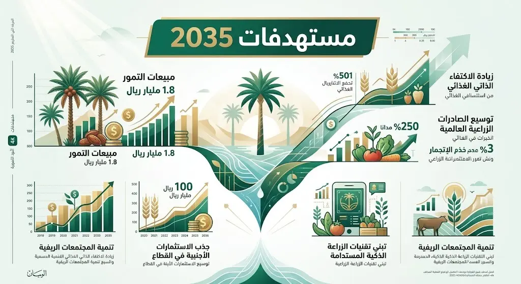 إنفوجرافيك بتصميم عصري وألوان راقية يستعرض المستهدفات المالية لقطاع الزراعة في العلا بحلول عام 2035، متضمناً أرقام إجمالي الناتج ومبيعات التمور.