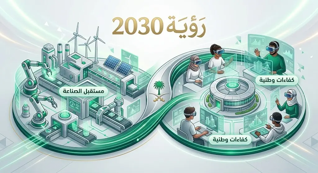 تصميم بصري إبداعي يدمج بين التعليم المتقدم والصناعة الحديثة، تعبيراً عن مستهدفات رؤية المملكة 2030.