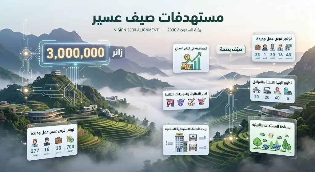 إنفوجرافيك عصري يستعرض مستهدفات موسم صيف عسير 2026، متضمناً استقبال 3 ملايين زائر ومبادرة صيّف بصحة في إطار رؤية السعودية 2030.