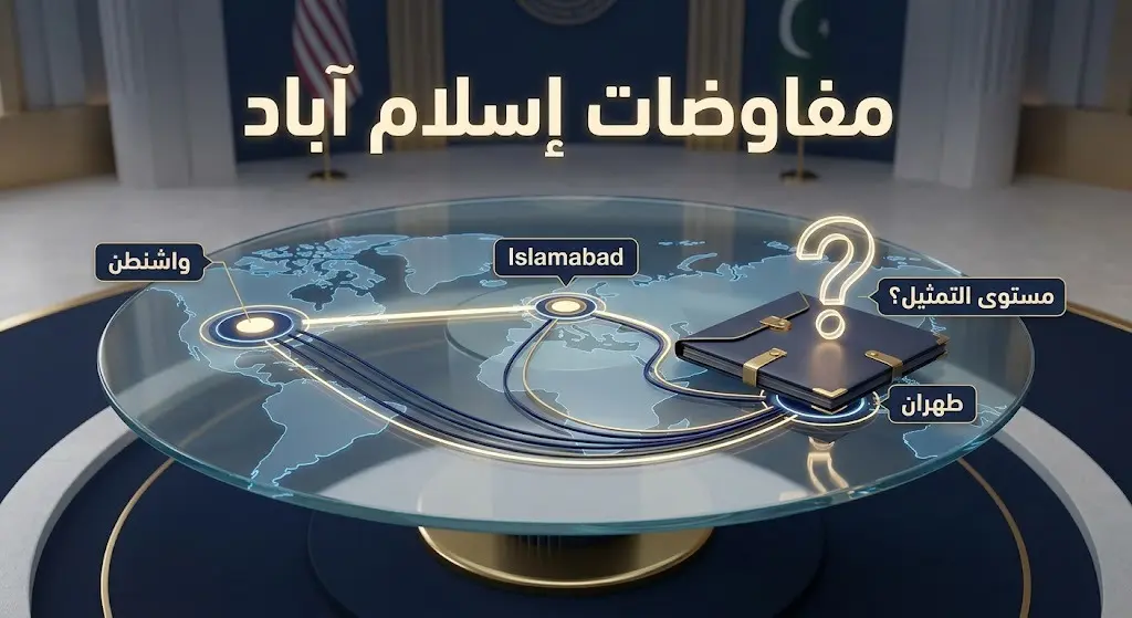 تصميم إنفوجرافيك تعبيري يوضح مسار المفاوضات المرتقبة بين أمريكا وإيران في إسلام آباد، ويبرز عدم حسم مستوى التمثيل الدبلوماسي الإيراني