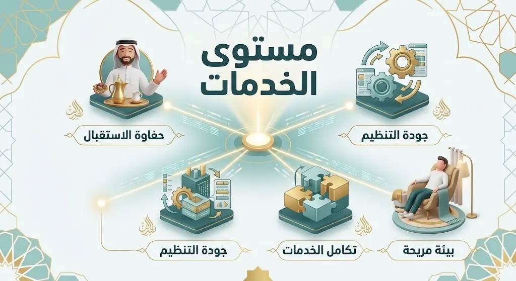 تصميم إنفوجرافيك إبداعي يبرز جودة التنظيم وحفاوة الاستقبال والخدمات المتكاملة المقدمة لضيوف البرنامج.