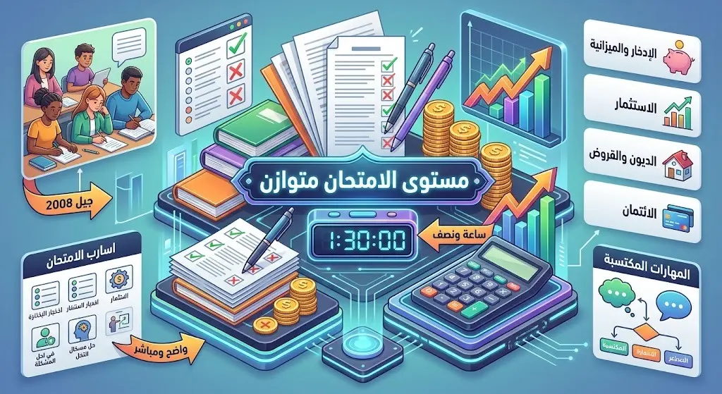 إنفوجرافيك يوضح مستوى امتحان الثقافة المالية لطلبة التوجيهي ومدته التي بلغت ساعة ونصف وسط رضا الطلاب