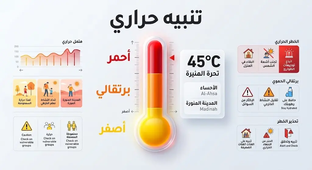 إنفوجرافيك يوضح مستويات التأهب الثلاثة لموجات الحر: الأصفر، البرتقالي، والأحمر، مع إشارة لدرجات الحرارة المرتفعة محلياً
