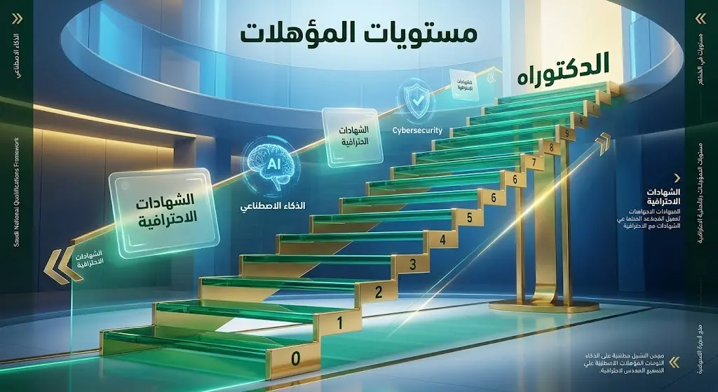 إنفوجرافيك يوضح مستويات الإطار الوطني للمؤهلات من المستوى الصفري إلى الثامن، متضمناً الشهادات الاحترافية ومسارات الذكاء الاصطناعي.