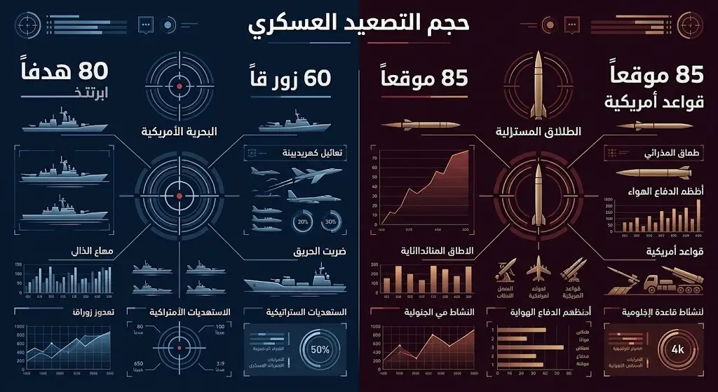 إنفوجرافيك مقارن يوضح إحصائيات التصعيد العسكري والضربات المتبادلة بين الولايات المتحدة وإيران