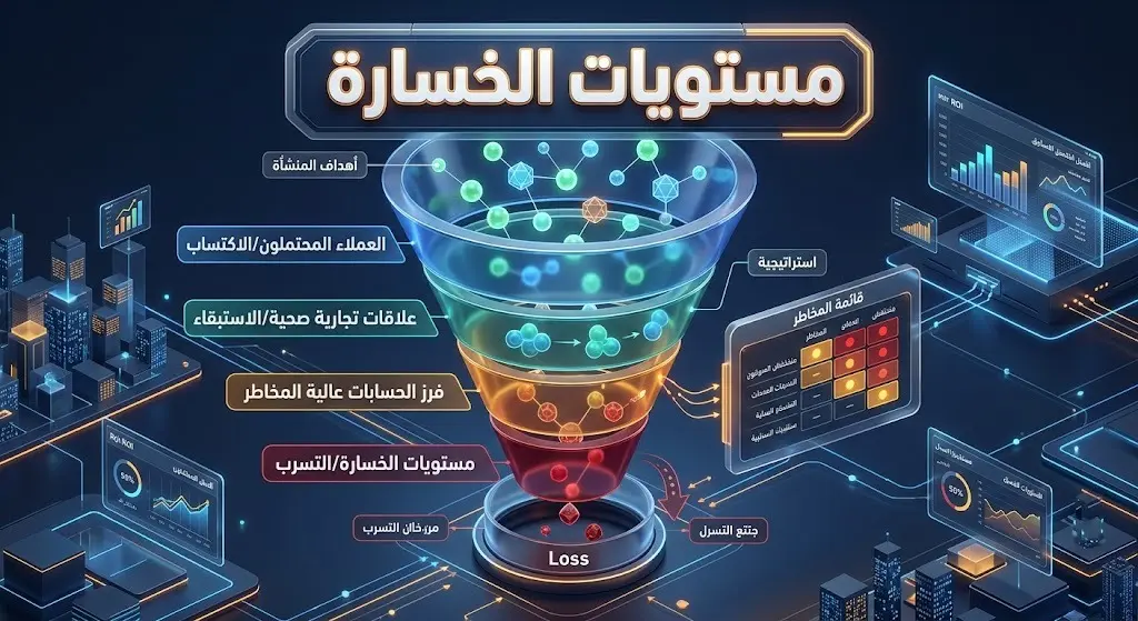 إنفوجرافيك تحليلي يوضح مستويات خسارة العملاء وتصنيفهم ضمن قوائم المخاطر وفقاً لأهداف المنشأة التجارية.