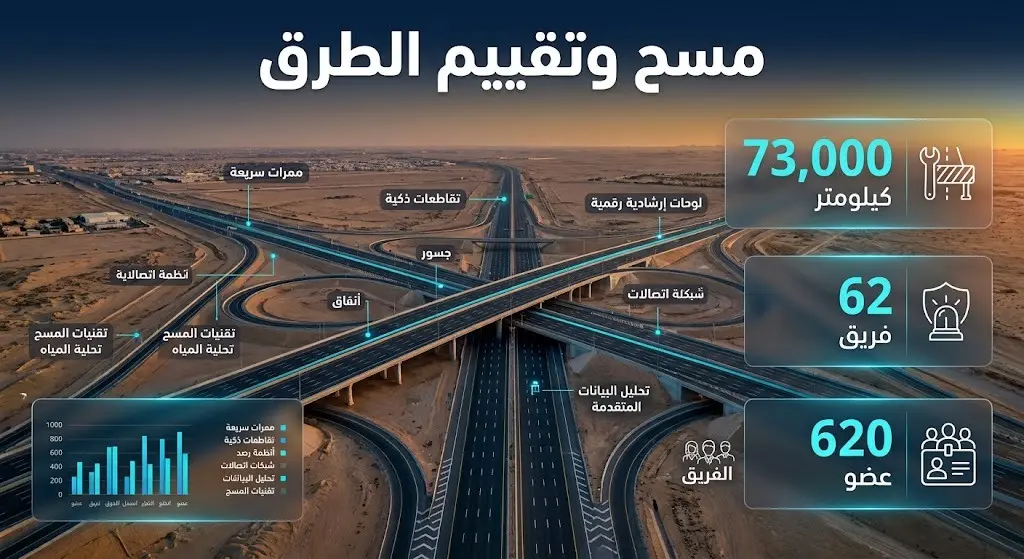 إنفوجرافيك احترافي يوضح إحصائيات مسح وتقييم 73 ألف كيلومتر من الطرق الوطنية بمشاركة 620 عضواً مقسمين على 62 فريقاً ميدانياً.
