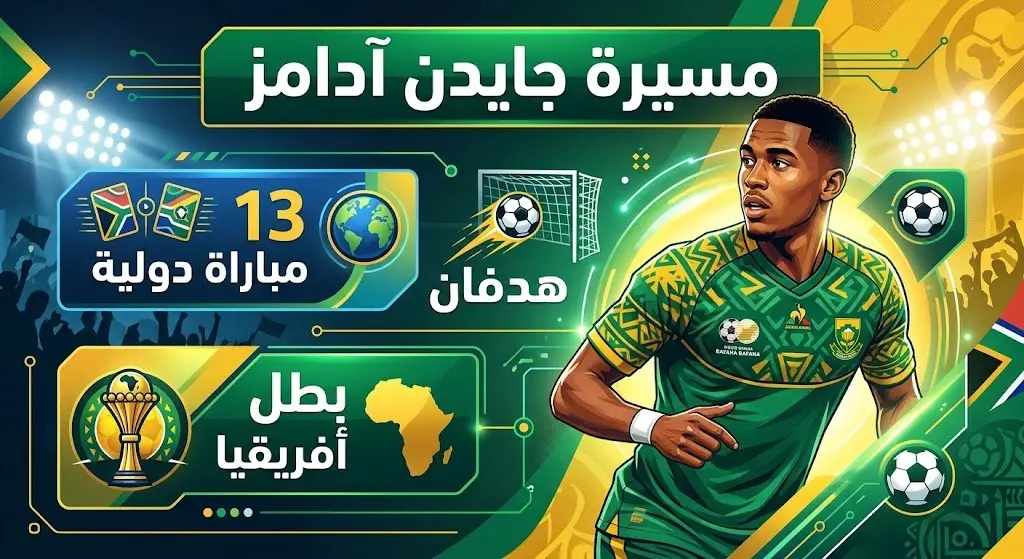إنفوجرافيك يستعرض مسيرة اللاعب جايدن آدامز وأرقامه وإنجازاته الكروية مع الأندية ومنتخب جنوب أفريقيا