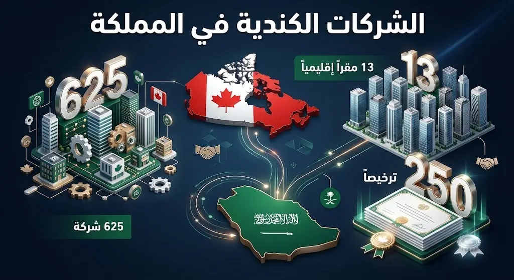 تصميم إنفوجرافيك يوضح إحصائيات تواجد الشركات الكندية في السوق السعودية، متضمناً أرقام التراخيص والمقرات الإقليمية.