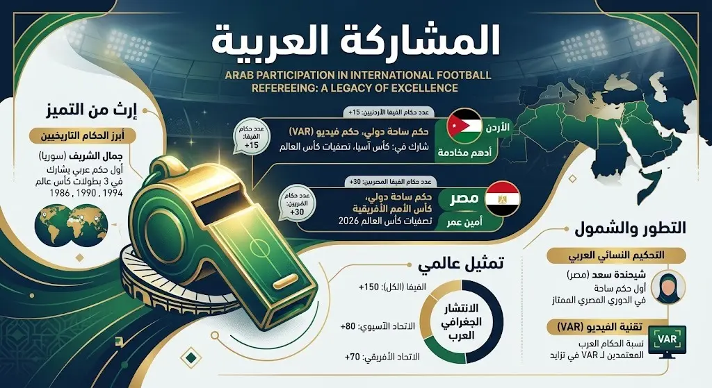 تصميم بصري يبرز الحضور التحكيمي العربي في مونديال 2026 وتحديداً التواجد الأردني في المباراة النهائية والمشاركة المصرية في الأدوار الإقصائية.