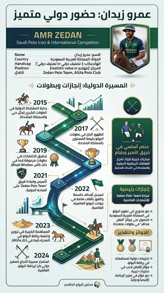بطاقة معلومات بيانية توضح مسيرة اللاعب السعودي عمرو زيدان ومشاركاته الدولية البارزة كعنصر أساسي في فريق الأمير ويليام.