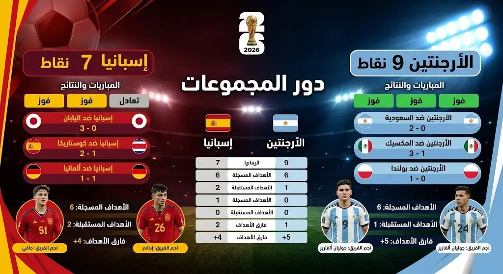 إنفوجرافيك مقارنة يوضح مسيرة منتخبي إسبانيا والأرجنتين في دور المجموعات من كأس العالم 2026، حيث حصدت إسبانيا 7 نقاط والأرجنتين 9 نقاط.