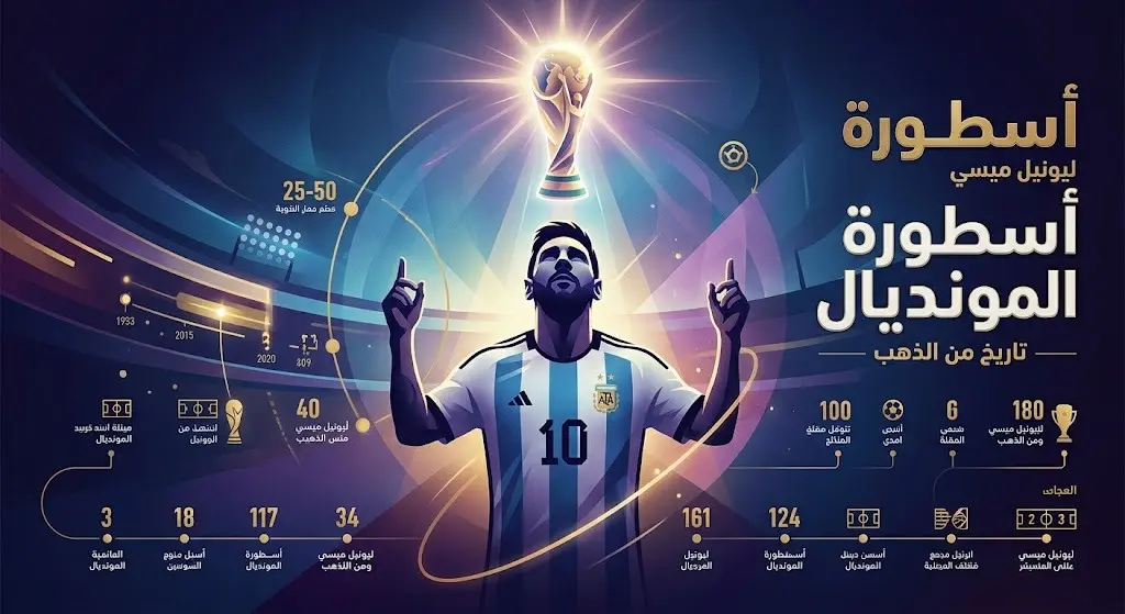 تصميم فني يجسد مسيرة ليونيل ميسي الأسطورية في بطولات كأس العالم وتأثيره الكبير
