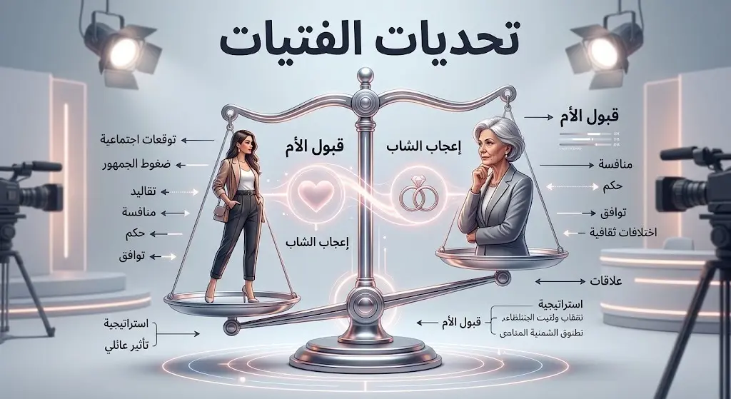 تصميم تعبيري يبرز تحديات الفتيات في البرنامج بين كسب إعجاب الشاب ونيل رضا والدته.