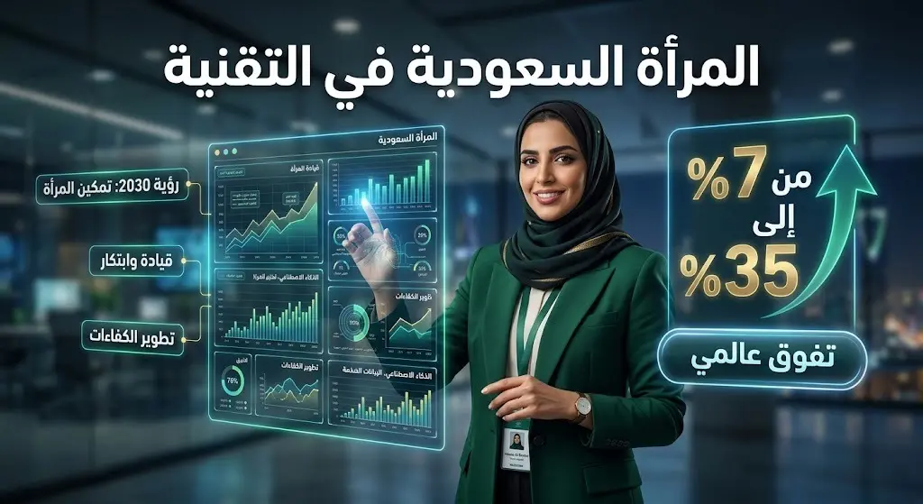 تصميم بصري يدمج بين مشهد لامرأة سعودية محترفة في بيئة تقنية متقدمة ورسوم بيانية توضح قفزة مشاركة المرأة في القطاع التقني من 7% إلى 35%.