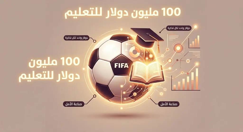 تصميم إبداعي يبرز مبادرة جمع 100 مليون دولار من تذاكر نهائي كأس العالم 2026 لدعم تعليم الأطفال.