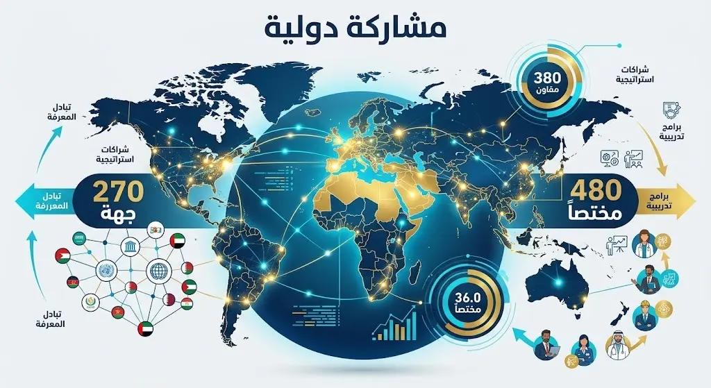 تصميم بياني يبرز خريطة اتصال عالمية وإحصائيات المشاركة التي تضم 270 جهة و480 مختصاً.