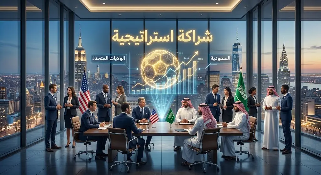 تصميم تخيلي يجمع قادة أعمال ومسؤولين سعوديين وأمريكيين في قاعة اجتماعات بنيويورك، مع مجسمات هولوغرام رياضية واقتصادية.