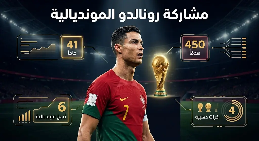 إنفوجرافيك رياضي يستعرض أرقام وإنجازات كريستيانو رونالدو التاريخية ومشاركته السادسة في كأس العالم.