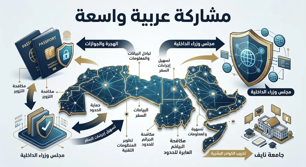 إنفوجرافيك تعبيري يجسد التعاون العربي المشترك في مجالات الهجرة والجوازات وتبادل البيانات الأمنية