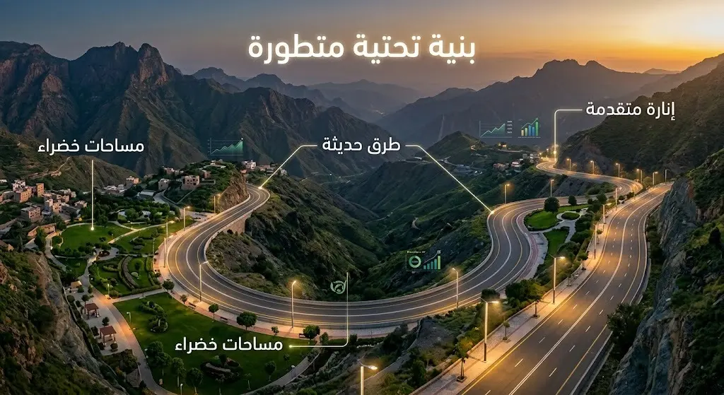 تصميم بصري ثلاثي الأبعاد يدمج بين طبيعة عسير الجبلية ومشاريع البنية التحتية الحديثة، مع نصوص عربية توضيحية.