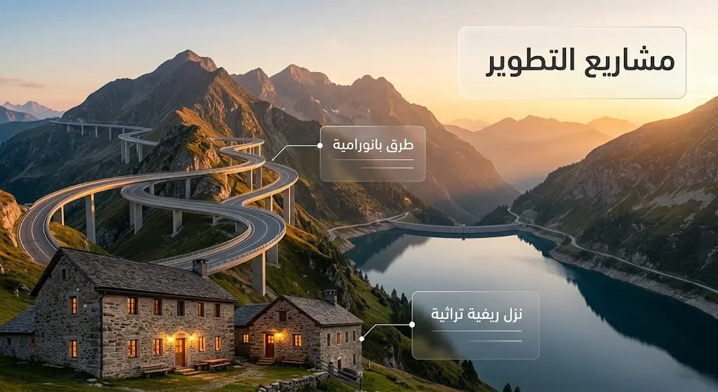 تصوير تخيلي لمشاريع التطوير المستقبلية في الباحة، يبرز الطريق العلوي البانورامي، الإطلالة على سد وادي بيدة، وتحويل المنازل التراثية إلى نزل ريفية.