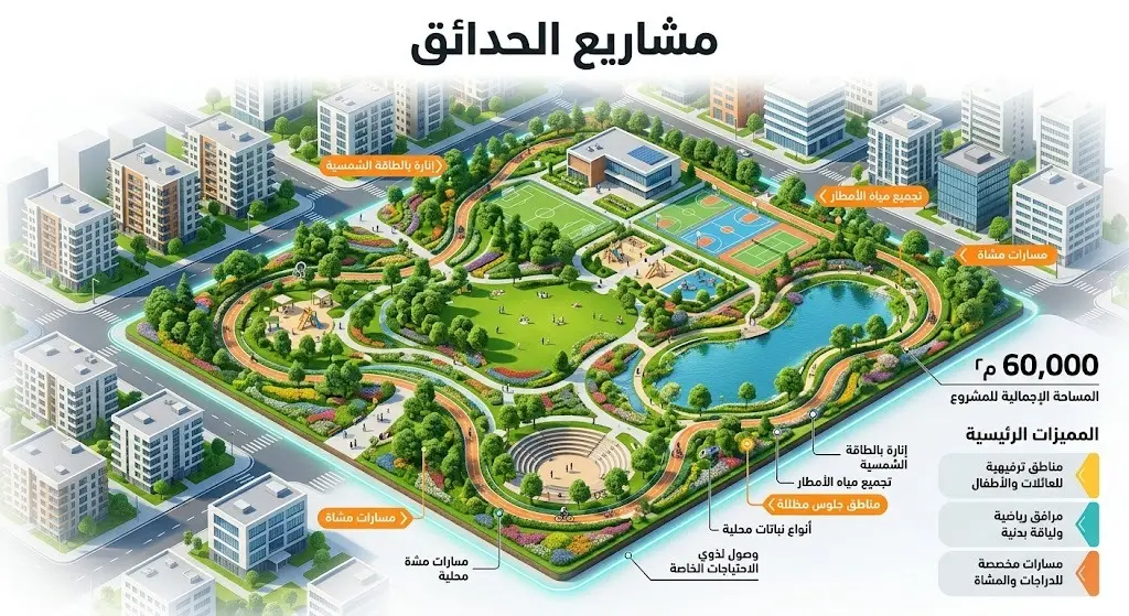 تصميم إنفوجرافيك يوضح مساحات الحدائق المركزية في أحياء جدة ومرافقها مثل مسارات المشاة والدراجات.