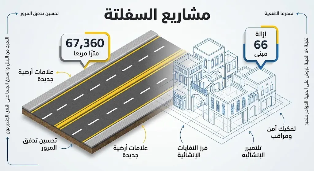 إنفوجرافيك يوضح إحصائيات مشاريع سفلتة الطرق بمساحة تتجاوز 67 ألف متر مربع وإزالة المباني المهجورة في منطقة الحدود الشمالية.