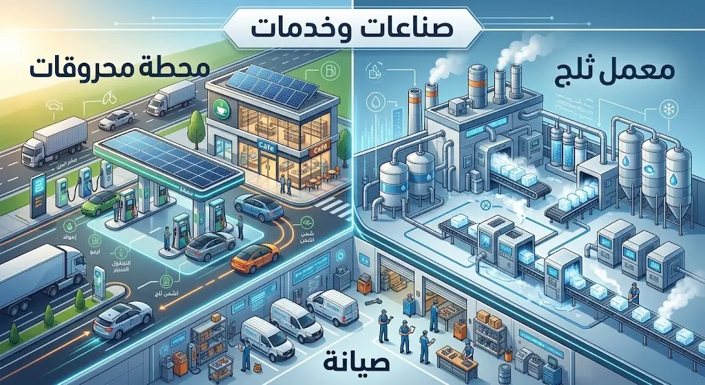 تصميم مرئي يبرز مشاريع المحروقات والصناعات الخفيفة المتاحة للاستثمار، كالمحطات على الطرق الدولية ومعامل تحلية المياه.