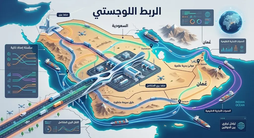 إنفوجرافيك يوضح مشاريع النقل والربط اللوجستي المشتركة بين السعودية وسلطنة عُمان