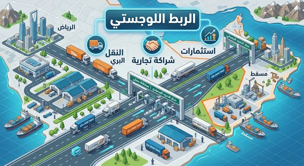 إنفوجرافيك ثلاثي الأبعاد يعكس مشاريع النقل والربط اللوجستي والتجاري بين السعودية وسلطنة عُمان.
