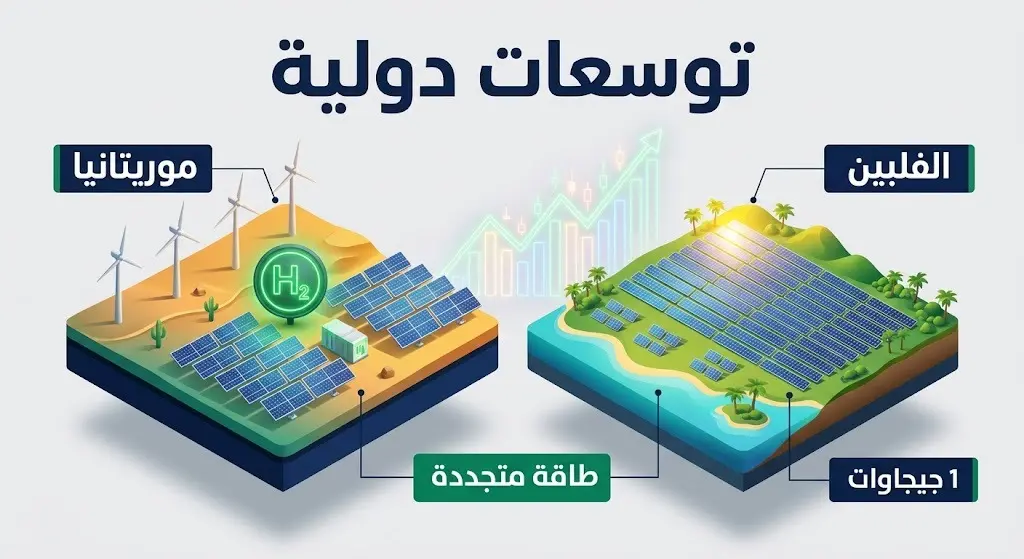 إنفوجرافيك احترافي ثلاثي الأبعاد يبرز مشاريع الطاقة المتجددة مثل طاقة الرياح والطاقة الشمسية في موريتانيا والفلبين، مع مؤشرات للنمو المالي.