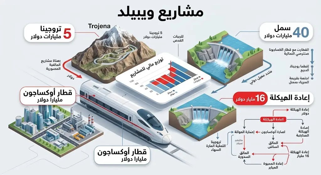 إنفوجرافيك يستعرض التفاصيل المالية لمشاريع شركة ويبيلد الإيطالية، متضمناً قيم عقود سدود تروجينا وخط قطار أوكساجون، وتقديرات إعادة الهيكلة.