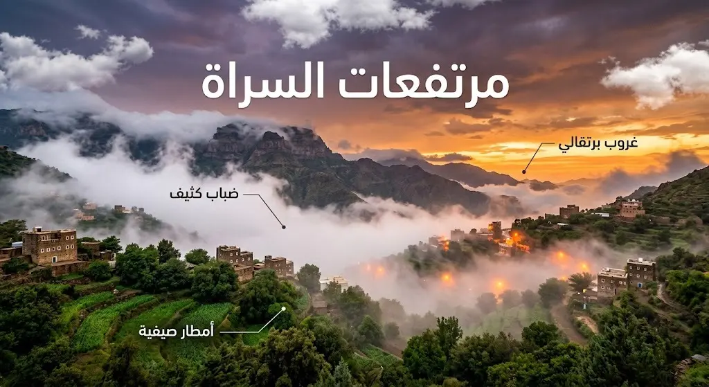 مشهد طبيعي يظهر مرتفعات السراة في الباحة وقت الغروب مع تداخل الضباب الكثيف والسحب البيضاء مع ألوان الشفق البرتقالية وأضواء القرى، يتضمن نصوصاً عربية توضيحية.