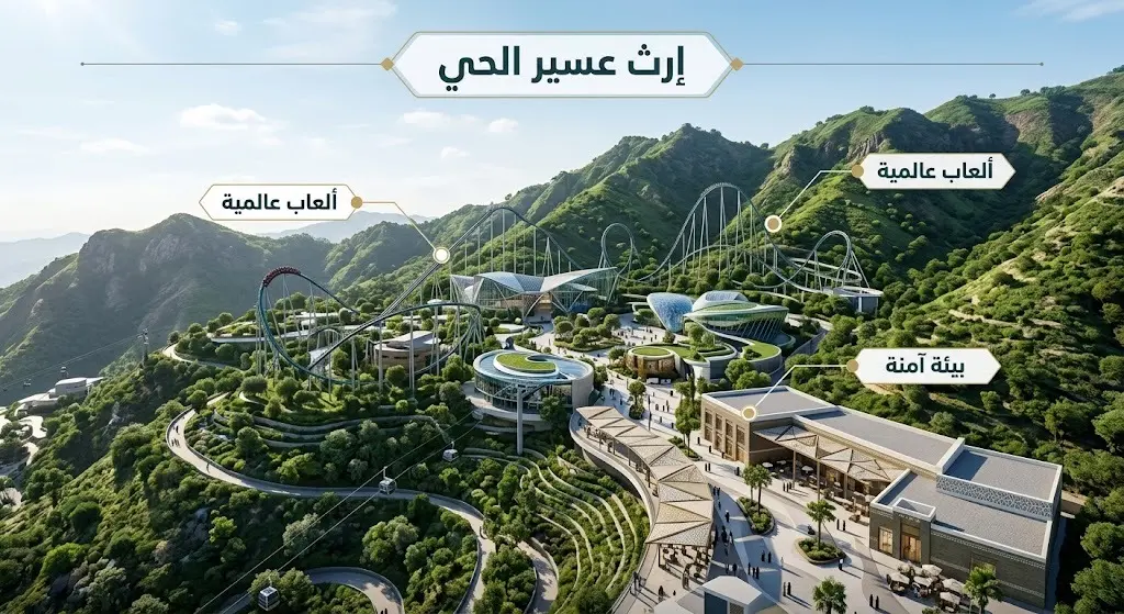 مشهد تخيلي فني لوجهة سڤن أبها الترفيهية يبرز الألعاب والمرافق الحديثة المندمجة مع طبيعة جبال عسير الخلابة.